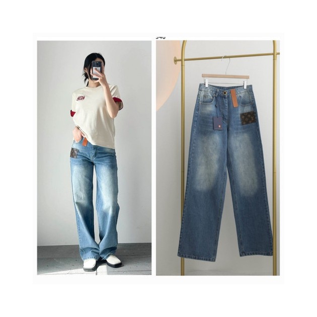 LOUIS VUITTON 루이비통 모노그램 가죽 로고 포인트 워싱 데님