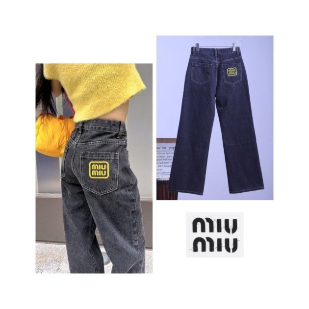 MIUMIU 미우미우 자수 로고 흑청 스트레이트진