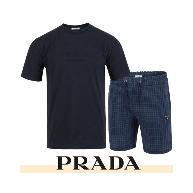 PRADA 프라다 로고 엠보 체크 하프 셋업