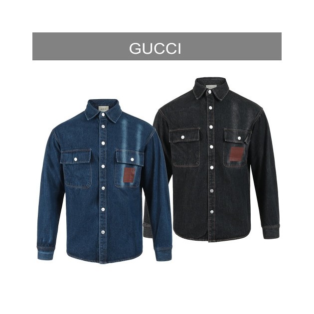 GUCCI 구찌 포켓 포인트레더 스냅 데님셔츠