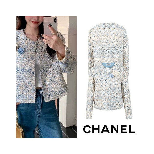 CHANEL 샤넬 자카드 아이보리 꽃브로치 트위드 자켓
