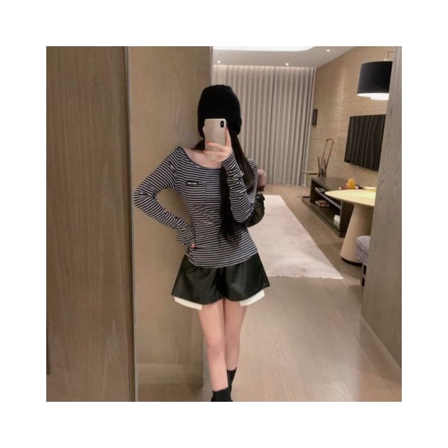 MIUMIU 미우미우 스트라이프 오프숄더 티셔츠 2COLOR