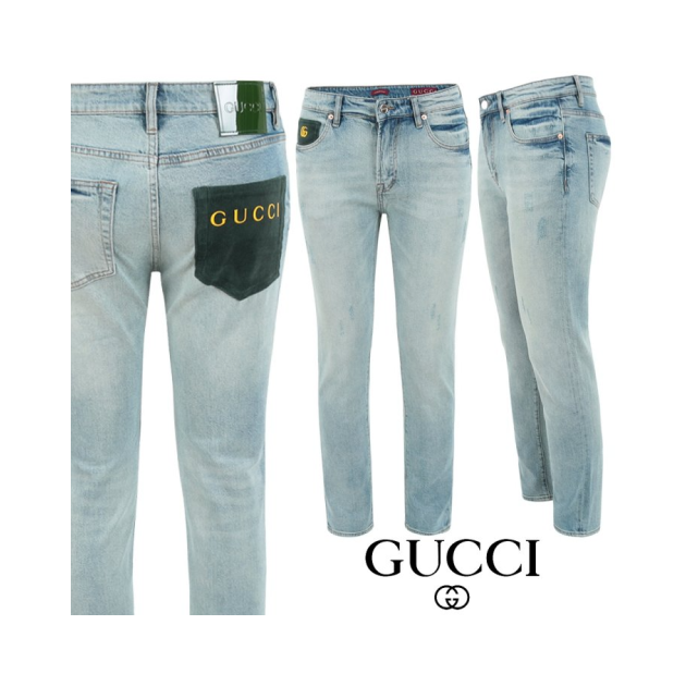 GUCCI 구찌 그린 포켓 옐로우 레터링 슬림 일자진